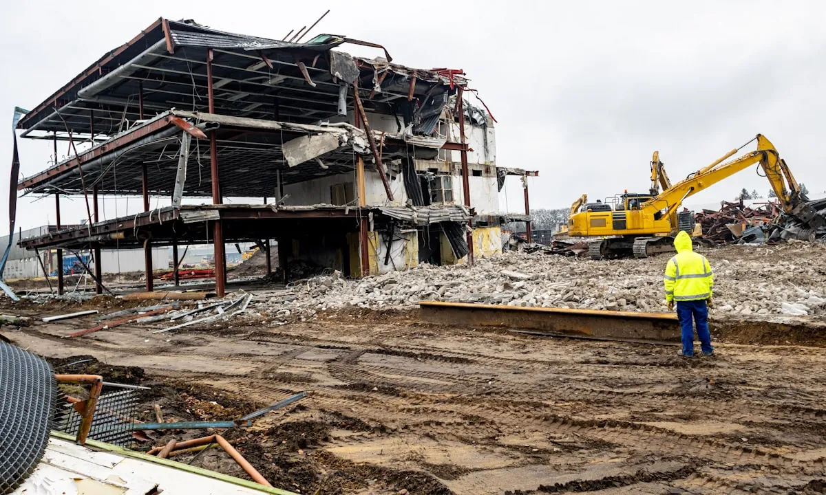 Site worker reviewing cleanup progress on a construction site