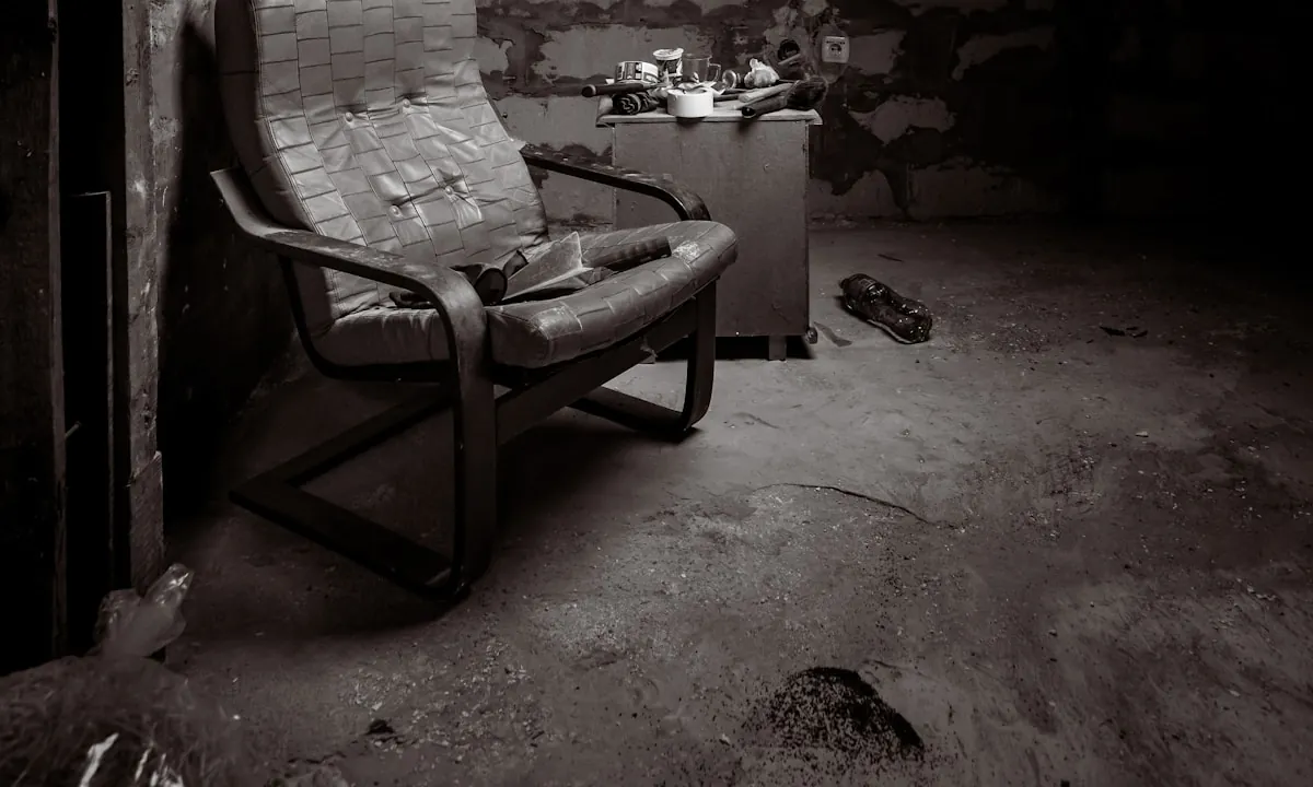Old armchair and stored belongings in a dim attic room