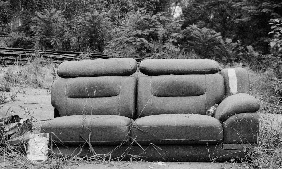 Abandoned couch sitting outdoors among overgrown weeds