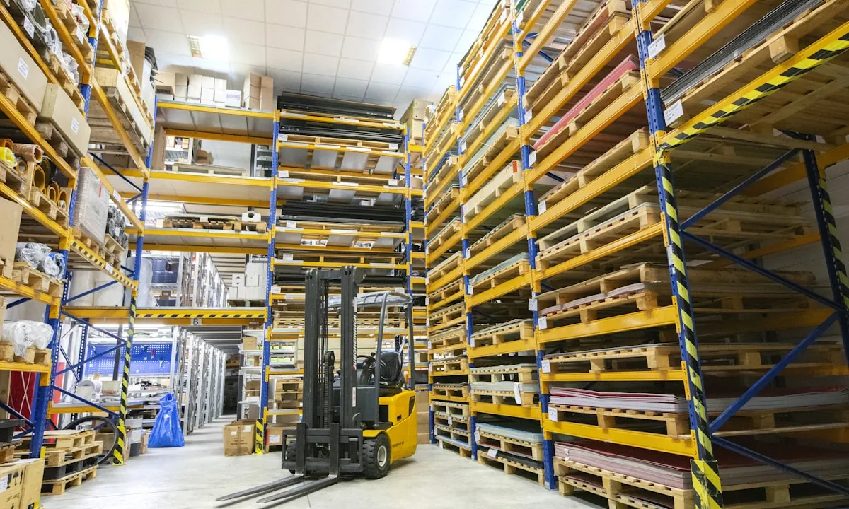 Pallets and surplus stock filling a warehouse floor